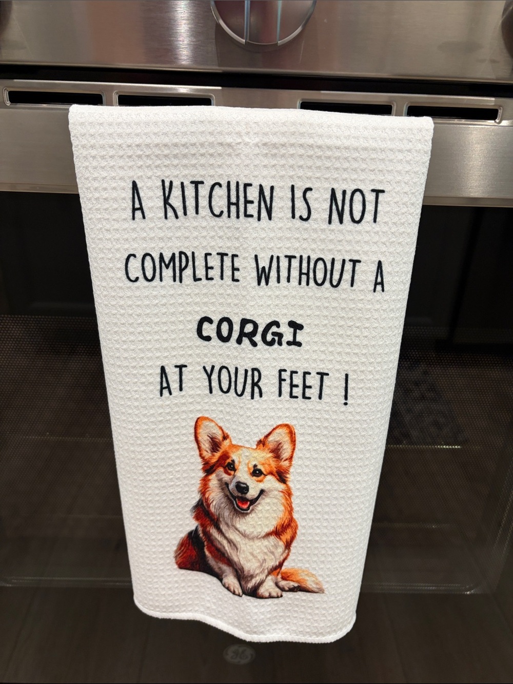 White Kitchen Towel with Corgi Illustration and Text